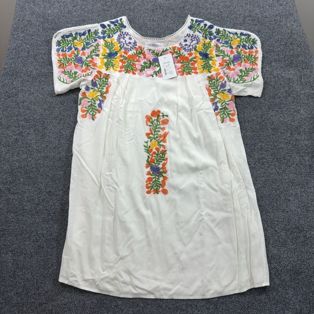 Buddy Love Carolina-2 Dress L White Multi Floral Embroidered Boho Shift Folk